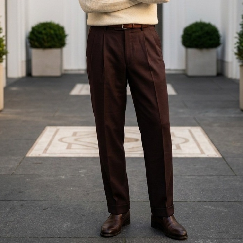 Paul Fredrick Mens 38 Worsted Wool Pleated Cuffed Trousers Brown Vintage Y2K